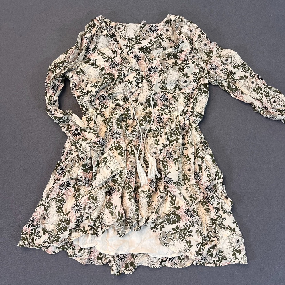 Free People Mini Dress Womens XS Floral Green Tassel V Neck Modal LS Flow Button